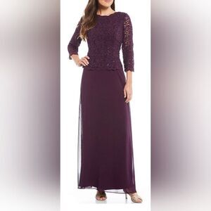 Alex Evenings 3/4 Sleeve Sequined Lace Chiffon Gown NWOT size 10  Plum/Purple